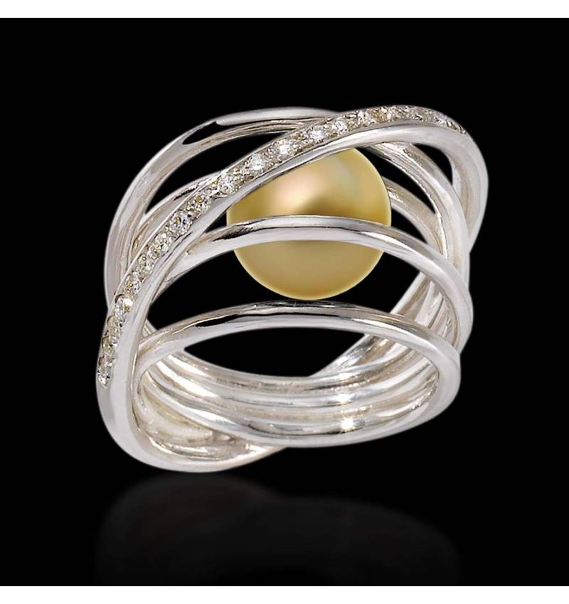Gold Pearl Engagement Rings Diamond Paving White Gold  Cache Cache